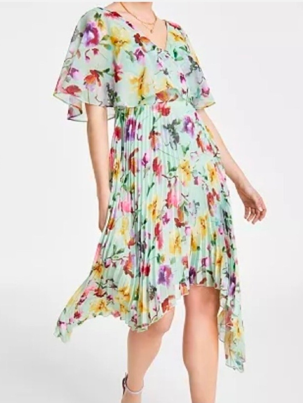 Kensie Pleated V-Neck Floral Print Chiffon Dress Size 8